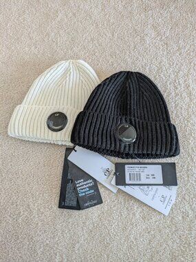 CP Company Extrafine Merino Wool Lens Beanies (1 Black and 1 White)